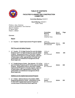 August 2011 Table of Contents for Meeting of the Board