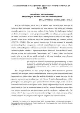 Indianismo E Anti-Indianismo: Interpretações Distintas Sobre Um Tema Em Comum LUCAS SANTIAGO RODRIGUES DE NICOLA *