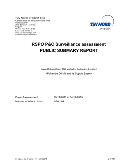 RSPO P&C Surveillance Assessment PUBLIC SUMMARY REPORT