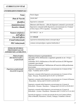 CURRICULUM VITAE Nome Data Di Nascita Qualifica Amministrazione Incarico Attuale Numero Telefonico Dell'ufficio Fax Dell'uff