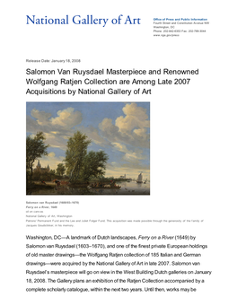 Salomon Van Ruysdael Masterpiece and Renowned Wolfgang Ratjen Collection Are Among Late 2007 Acquisitions by National Gallery of Art