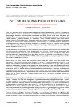 Post-Truth and Far-Right Politics on Social Media Written by Hüseyin Pusat Kildiş