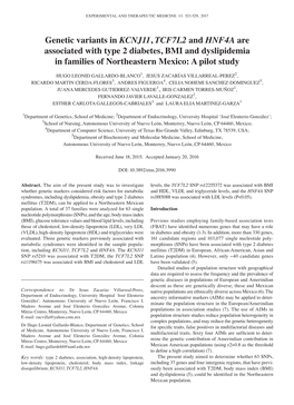 Genetic Variants in KCNJ11, TCF7L2 and HNF4A Are Associated with Type 2 Diabetes, BMI and Dyslipidemia in Families of Northeastern Mexico: a Pilot Study