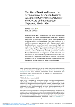 The Rise of Neoliberalism and the Termination of Keynesian Policies: a Multilevel Governance Analysis of the Closure of the Amsterdam Shipyards, 1968–1986