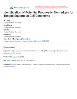 Identification of Potential Prognostic Biomarkers for Tongue Squamous Cell Carcinoma