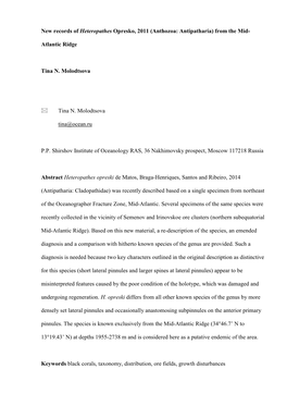 New Records of Heteropathes Opresko, 2011 (Anthozoa: Antipatharia) from the Mid- Atlantic Ridge Tina N. Molodtsova Tina N. M