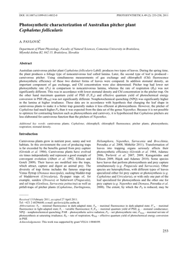 Photosynthetic Characterization of Australian Pitcher Plant Cephalotus Follicularis