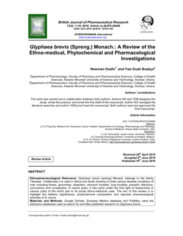 Glyphaea Brevis (Spreng.) Monach.: a Review of the Ethno-Medical, Phytochemical and Pharmacological Investigations