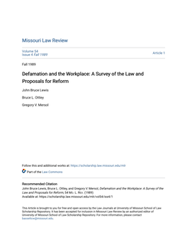 Defamation and the Workplace: a Survey of the Law and Proposals for Reform