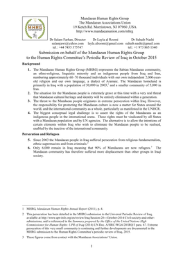 Submission on Behalf of the Mandaean Human Rights Group to the Human Rights Committee’S Periodic Review of Iraq in October 2015 Background 1