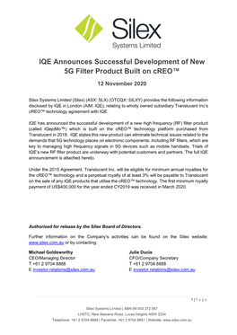 IQE Announces Successful Development of New 5G Filter Product Built on Creo™