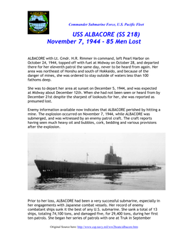 USS ALBACORE (SS 218) November 7, 1944 - 85 Men Lost
