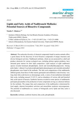 Lipids and Fatty Acids of Nudibranch Mollusks: Potential Sources of Bioactive Compounds