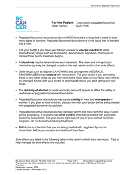 For the Patient: Doxorubicin Pegylated Liposomal Other Names: CAELYX®