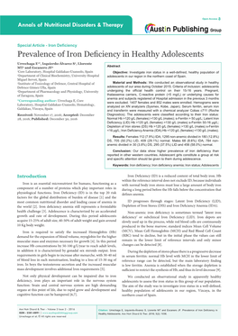 Prevalence of Iron Deficiency in Healthy Adolescents