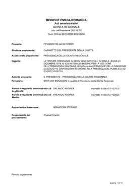 REGIONE EMILIA-ROMAGNA Atti Amministrativi GIUNTA REGIONALE Atto Del Presidente DECRETO Num