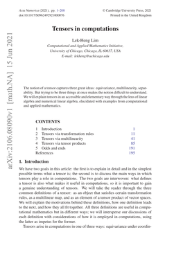 Tensors in Computations 3 a Large Part of Our Article; the Title of Our Article Also Includes the Use of Tensors As a Tool in the Analysis of Algorithms (E.G