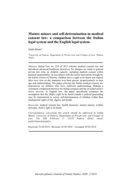 Mature Minors and Self-Determination in Medical Consent Law: a Comparison Between the Italian Legal System and the English Legal System