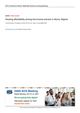 PDF, Housing Affordability Among Low-Income Earners in Akure, Nigeria