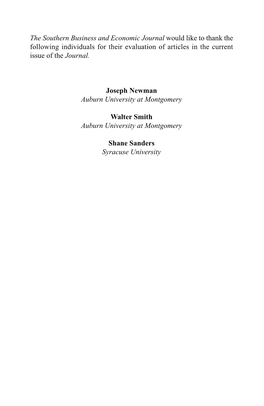 The Southern Business and Economic Journal Would Like to Thank the Following Individuals for Their Evaluation of Articles in the Current Issue of the Journal