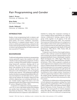 P Pair Programming and Gender