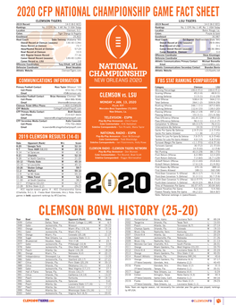 2020 CFP NATIONAL CHAMPIONSHIP GAME FACT SHEET CLEMSON TIGERS LSU TIGERS 2019 Record 14-0 (8-0 ACC) 2019 Record 14-0 (8-0 SEC) Rankings No