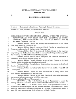 General Assembly of North Carolina Session 2007 H 1 House Resolution 2068