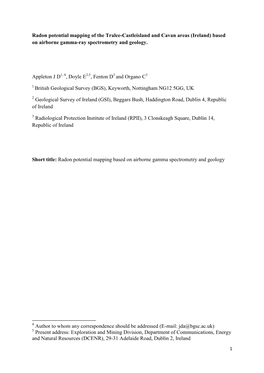 Radon Potential Mapping of the Tralee-Castleisland and Cavan Areas (Ireland) Based on Airborne Gamma-Ray Spectrometry and Geology