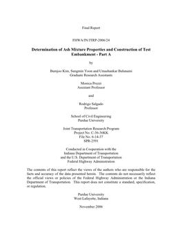 Determination of Ash Mixture Properties and Construction of Test Embankment - Part A