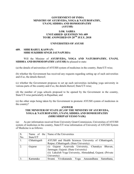 Government of India Ministry of Ayurveda, Yoga & Naturopathy, Unani, Siddha and Homoeopathy (Ayush) Lok Sabha Unstarred Question No