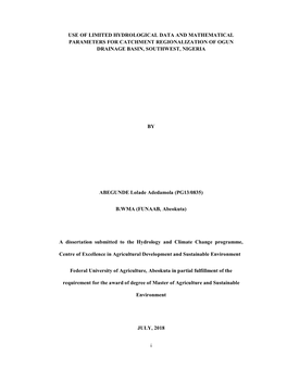 Use of Limited Hydrological Data and Mathematical Parameters for Catchment Regionalization of Ogun Drainage Basin, Southwest, Nigeria