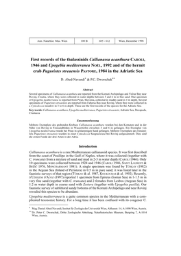 First Records of the Thalassinids Callianassa Acanthura CAROLI