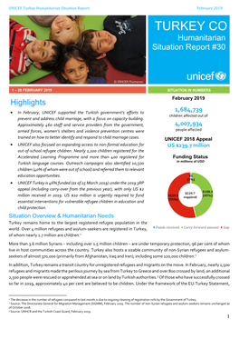 UNICEF Turkey Humanitarian Situation Report February 2019