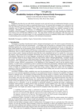 Readability Analysis of Nigeria National Daily Newspapers Adanma Cecilia Eberendu & Eleanor Nitah Muma Madonna University, Elele, Rivers State, Nigeria