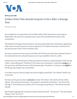 Golden Globe Film Awards Surprise Critics a Er a Strange Year