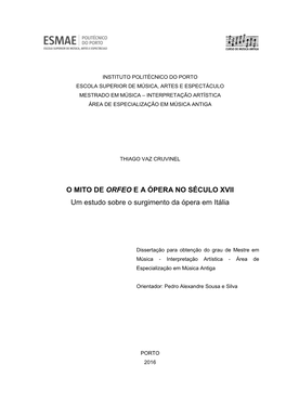 O MITO DE ORFEO E a ÓPERA NO SÉCULO XVII Thiago