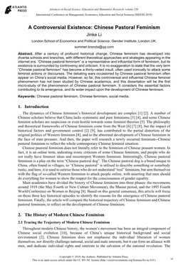 A Controversial Existence: Chinese Pastoral Feminism Jinke Li London School of Economics and Political Science, Gender Institute, London.UK