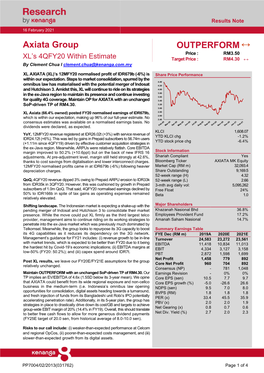 XL AXIATA (XL)’S 12MFY20 Normalised Profit of Idr679b (-6%) Is Share Price Performance Within Our Expectation