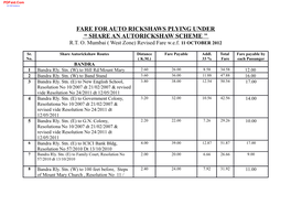 Fare for Auto Rickshaws Plying Under “ Share an Autorickshaw Scheme ’’ R.T