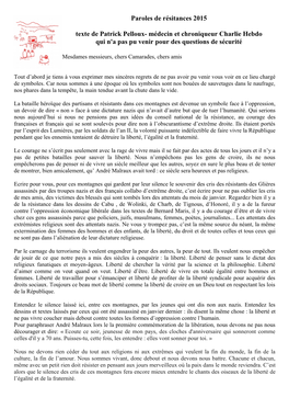 Paroles De Résitances 2015 Texte De Patrick Pelloux- Médecin Et