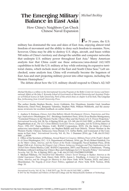 The Emerging Military Balance in East Asia the Emerging Military Michael Beckley Balance in East Asia How China’S Neighbors Can Check Chinese Naval Expansion