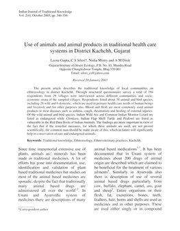 Use of Animals and Animal Products in Traditional Health Care Systems in District Kachchh, Gujarat