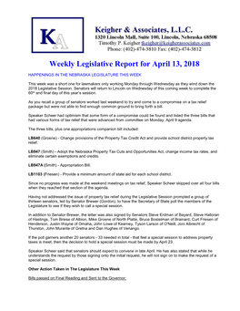Weekly Legislative Report for April 13, 2018