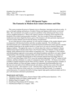 EALC 499 Special Topics the Fantastic in Modern East Asian Literature and Film