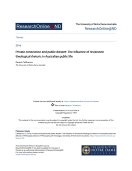 Private Conscience and Public Dissent: the Influence of Er Visionist Theological Rhetoric in Australian Public Life