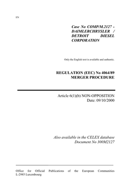 Case No COMP/M.2127 - DAIMLERCHRYSLER / DETROIT DIESEL CORPORATION