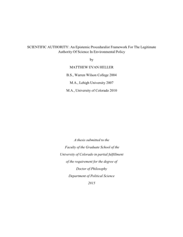 SCIENTIFIC AUTHORITY: an Epistemic Proceduralist Framework for the Legitimate Authority of Science in Environmental Policy