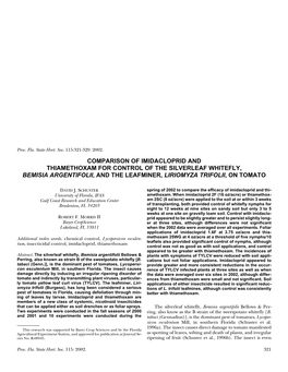 Comparison of Imidacloprid and Thiamethoxam for Control of the Silverleaf Whitefly, Bemisia Argentifolii, and the Leafminer, Liriomyza Trifolii, on Tomato