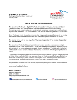 FOR IMMEDIATE RELEASE: Twillingate, Newfoundland & Labrador July 20, 2020