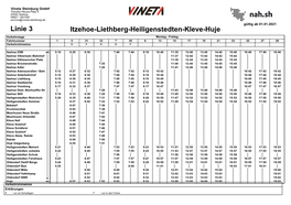 Linie 3 Itzehoe-Liethberg-Heiligenstedten-Kleve-Huje Verkehrstage Montag - Freitag Fahrtnummer 1 5 31 33 7 35 9 13 15 17 19 21 23 25 27 29 Verkehrshinweise S F S S F